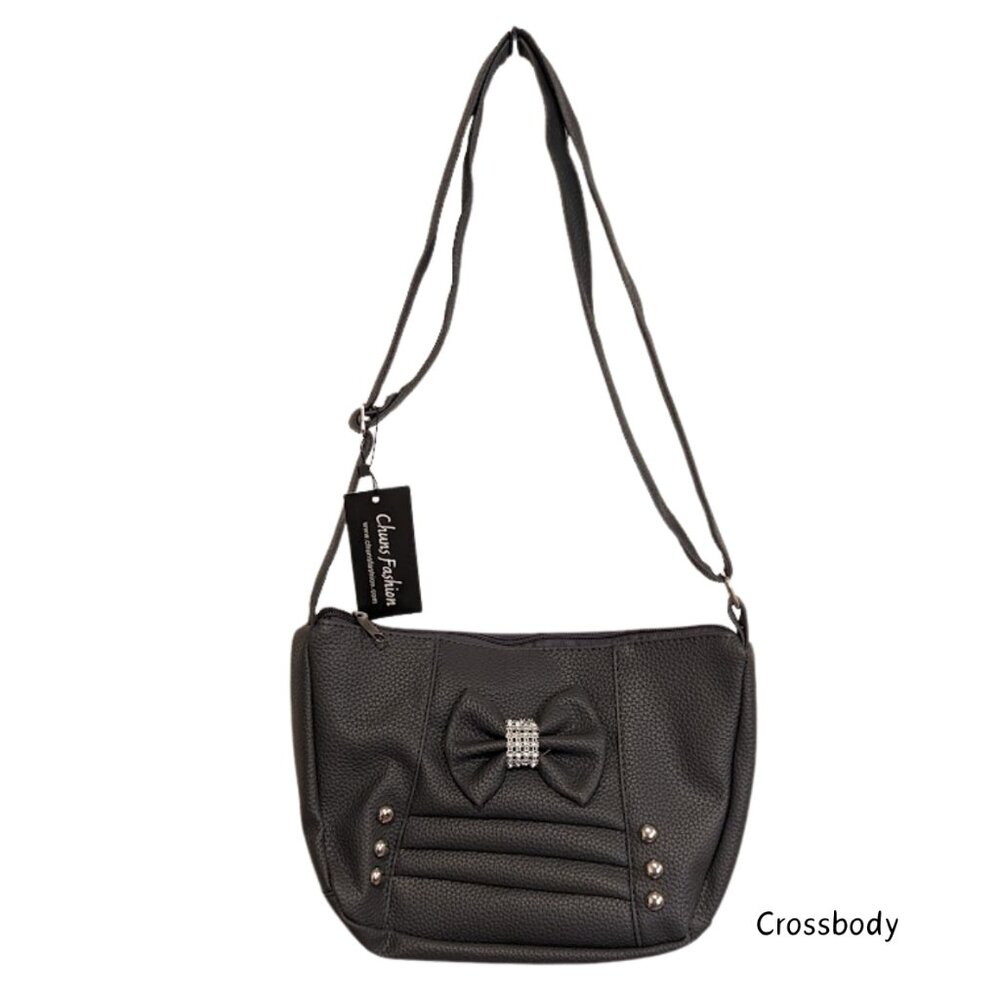 Women's Crossbody Gray Faux Vegan Leather Bag w/ Bow, Silver-Tones Studs NWT